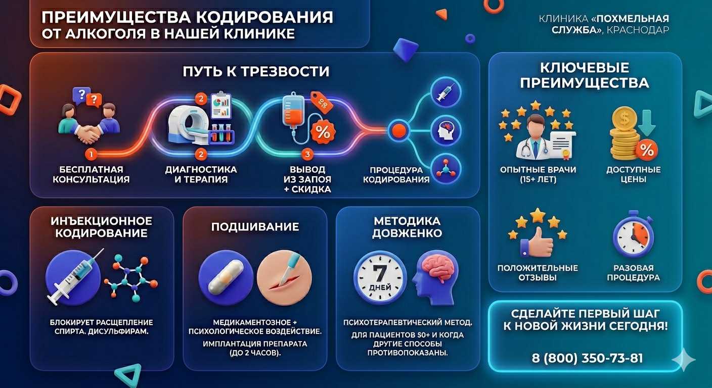 Инфографика о методах кодирования от алкоголя в Шелаболихе: инъекции, подшивание, метод Довженко. Преимущества клиники и этапы лечения.